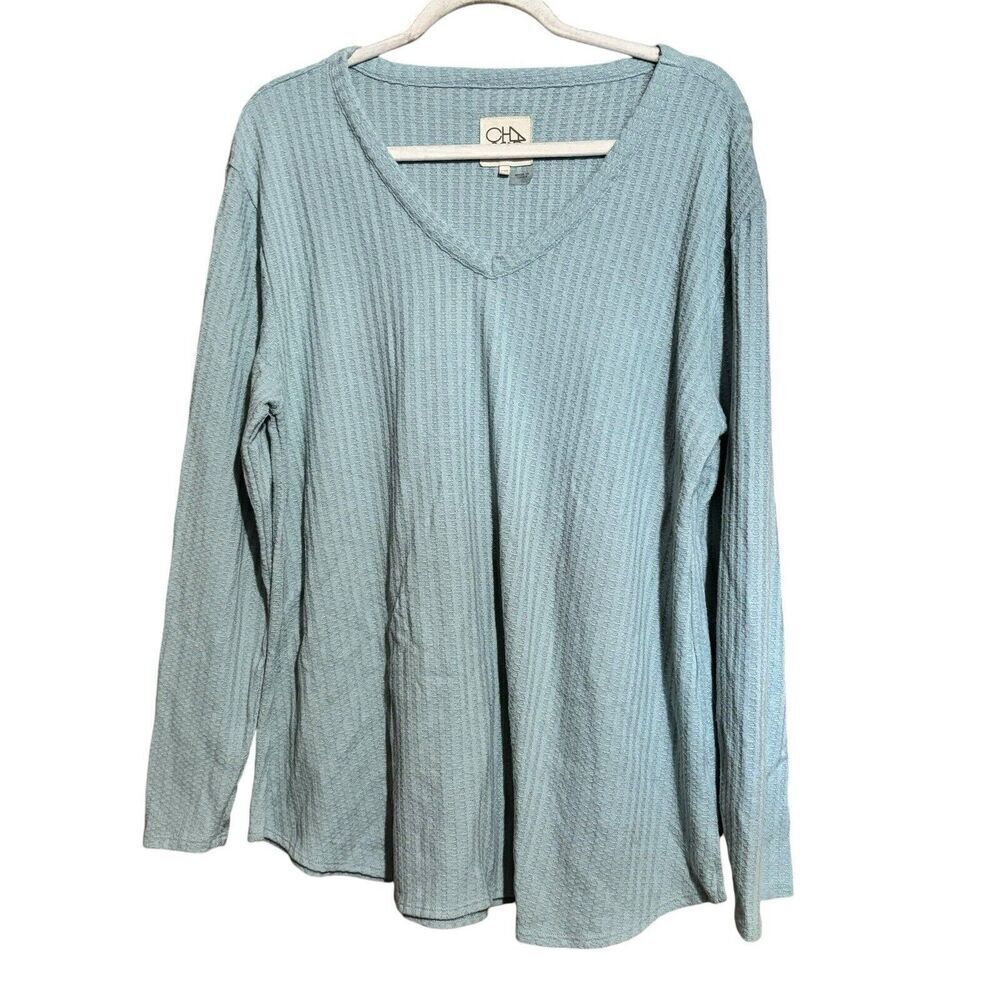 Chaser Top Womens XXL Blue Waffle Knit V Neck Stretch Long Sleeve Blouse